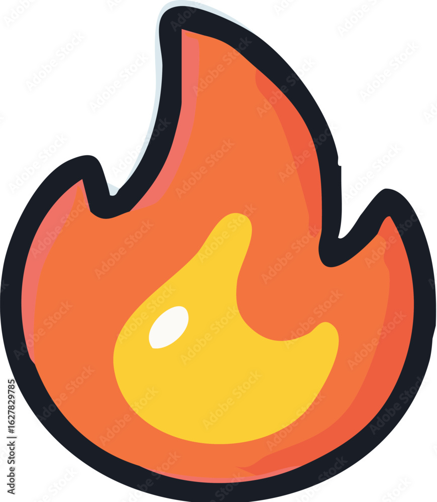 A stylized cartoon fire flame icon with a thick black outline, colored in vibrant orange and yellow. A stylized cartoon fire flame icon with a thick black outline, colored in vibrant orange and yellow.