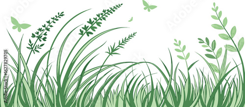 Vector art of a serene scene of grass and butterflies in a natural setting isolated on white background