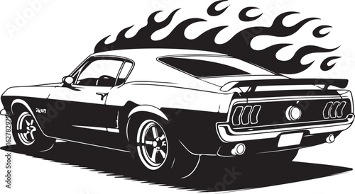 Black and White Vector Illustration of a Classic Muscle Car with Flames Concept Graphic