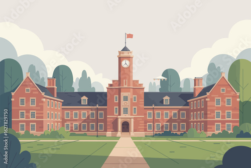 Classic brick university building with clock tower and green landscape