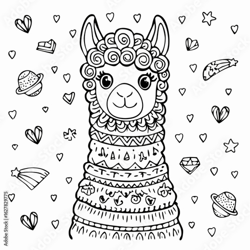 Adorable Llama Illustration with Whimsical Hearts Stars and Planets for Coloring Pages
