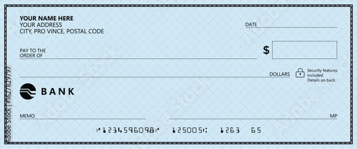 Blue Bank check, vector blank money cheque, checkbook template with guilloche pattern and fields. Currency payment coupon, money check background	