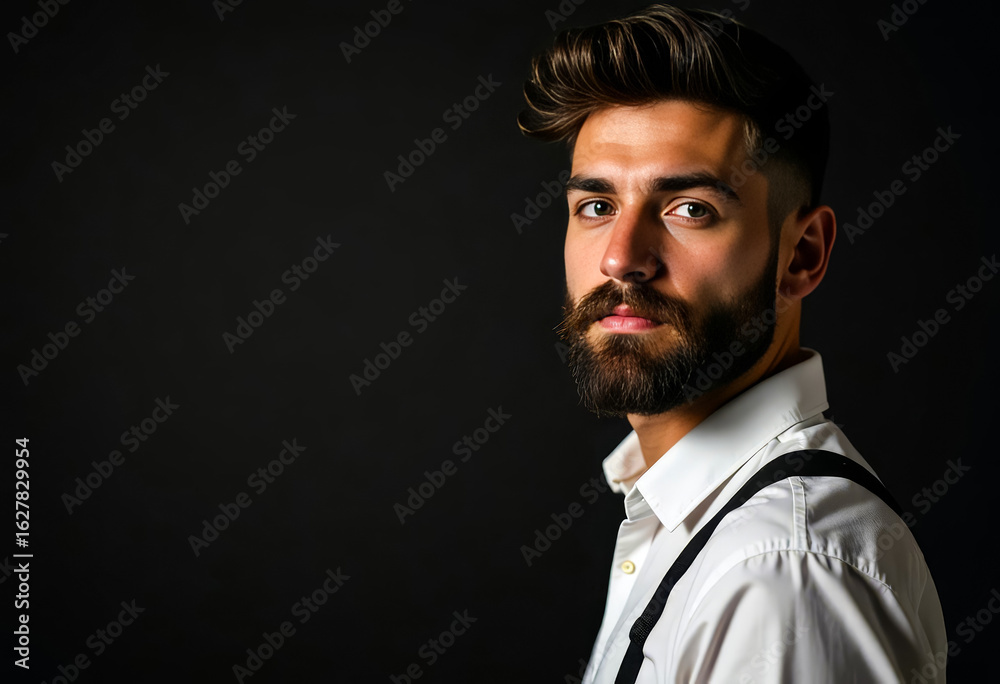 Fototapeta premium Cinematic portrait of hipster man with beard and short-sided hairstyle, dressed in white shirt and suspenders. Positioned left with dramatic lighting and ample negative space in dark background.