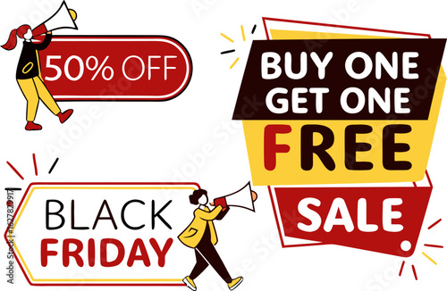 Promotional sale banners featuring fifty percent off black friday and buy one get one free offers with people