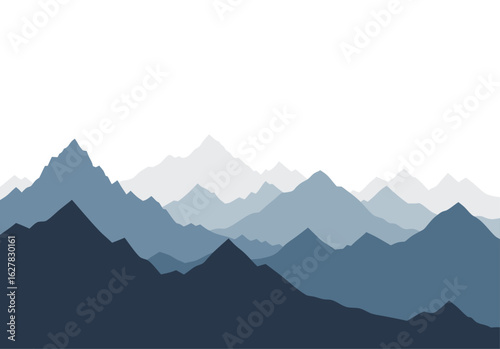 Scenic mountain range panorama with layered silhouettes in misty blue tones. Abstract vector landscape illustration for background design.