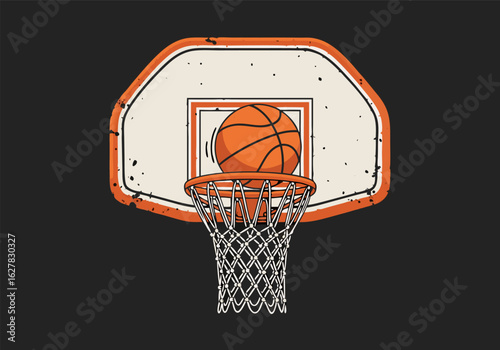 Retro basketball emblem with a ball swishing through the hoop and net. Vintage sports vector illustration with a distressed texture for a classic look.
