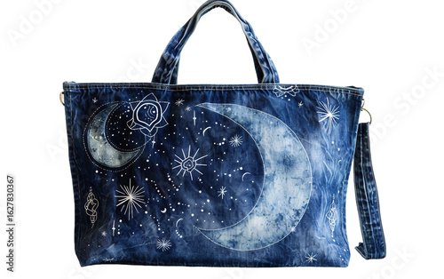 Unique Denim Tote with Celestial Mystical Moon and Star Graphics on white background