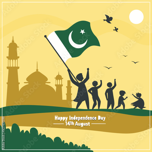 Vector art of celebrating pakistans independence day with flag, people, and islamic architecture silhouette