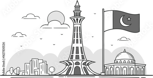 Vector art of minarepakistan with the pakistani flag and a cityscape isolated on white background