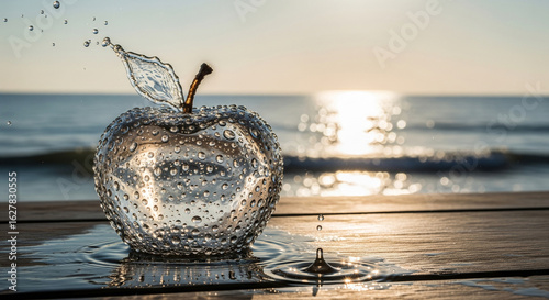 Water Apple Splashing on a Wooden Pier at Sunrise
