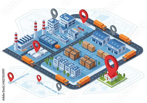 Isometric logistics and delivery network with trucks and map transportation Vector illustration of