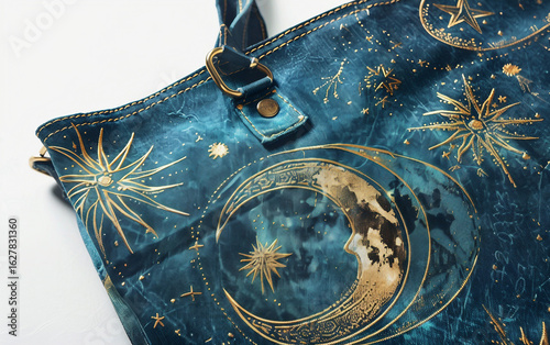 Celestial-Inspired Denim Tote Bag with Mystical Moon and Stars on white background