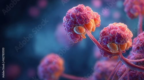 Ovarian Cancer Awareness Month. 3D-style medical rendering of ovaries with visible tumor masses, clinical illustration aesthetics