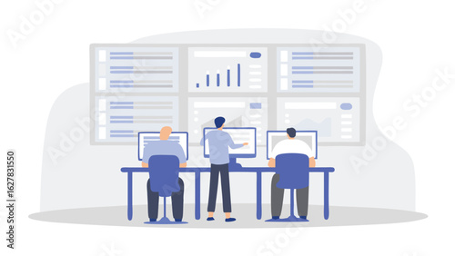 Three individuals analyzing data on computers with dashboards displaying charts and graphs in a bright room