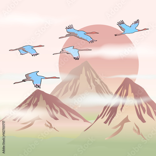 Birds flying over the mountains. illustration with birds against the backdrop of mountains and sun on a colored background.