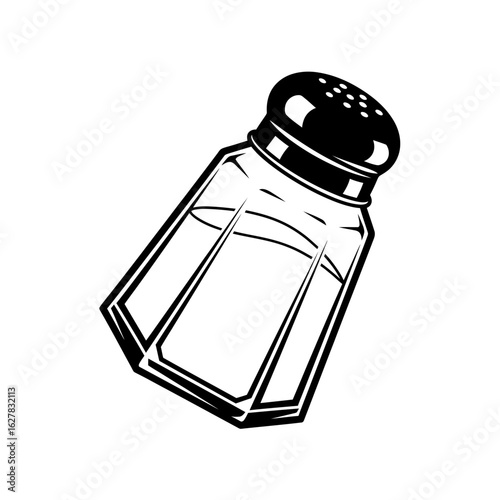 Illustration of a tilted glass salt shaker with black lid and white contents