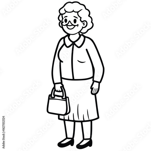 Smiling woman with curly hair and glasses holding a handbag vector