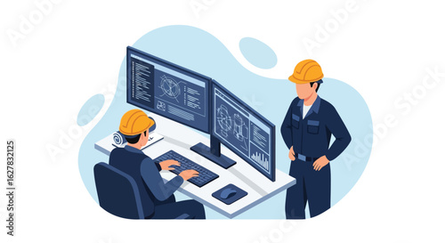 Two engineers in hard hats working on dual monitors with blueprints Vector illustration of