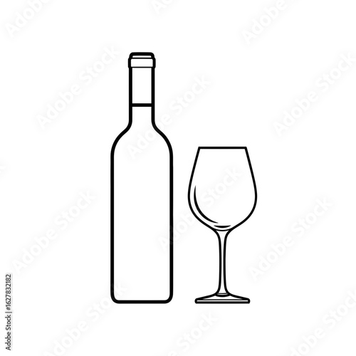 A simple line drawing of a wine bottle and a wine glass on a white background