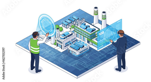 Two engineers using VR headsets to interact with a holographic factory Vector illustration of