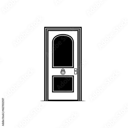 Illustration of a black and white paneled door with an arched top panel