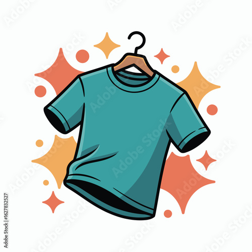 Clean teal t shirt hanging on a wooden hanger with sparkles