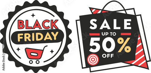 Illustration of a black friday sale badge with a shopping cart and a sale up to fifty percent off tag design