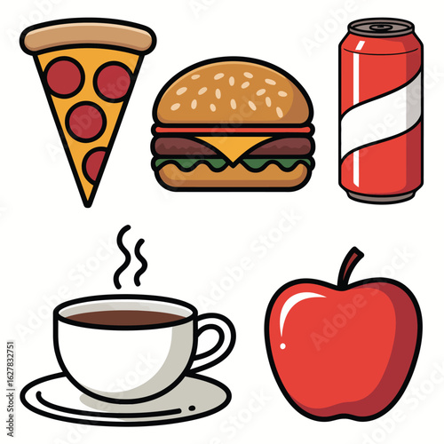 Assortment of popular fast food and drinks with a healthy option