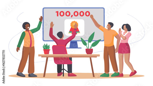 Group celebrating achievement of reaching one hundred thousand with monitor display and plants on desk