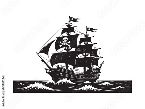 Pirate ship silhouette sailing through rough seas isolated on white background.