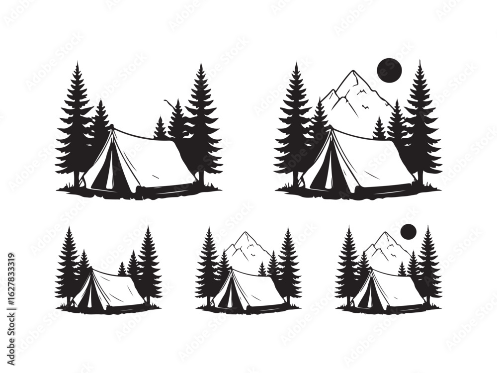 Obraz premium Camping tent with mountains and trees silhouette vector isolated on white background