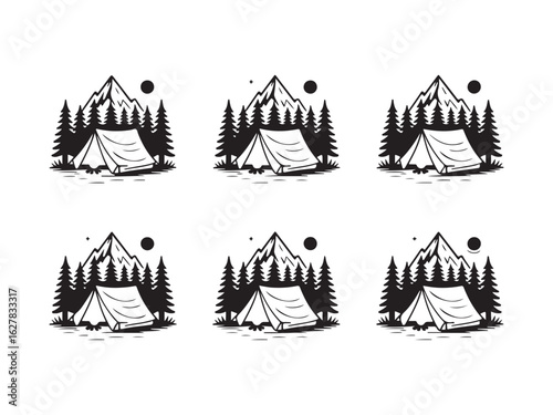 Camping tent in front of mountains and trees silhouette vector isolated on white background.