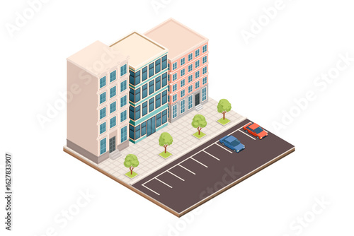 Isometric city building set. Mixed-use structures with retail and residential spaces. Parking area with marked spaces. Small trees for landscaping. Urban architecture with multiple floors. Vector