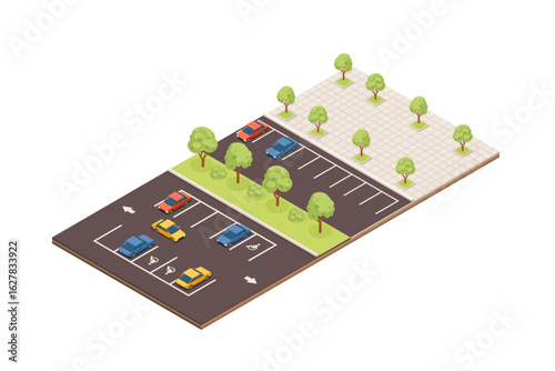 Isometric parking lot elements. Asphalt surface with marked spaces. Parked vehicles in various colors. Green trees along perimeter. Urban planning components. Vector illustration isolated