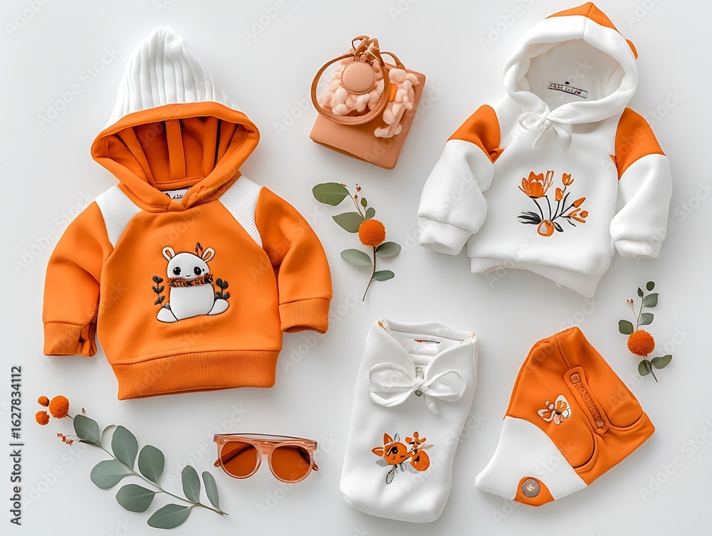 Playful kids hoodie collection home fashion merchandise cozy indoor top-down view whimsical designs for young ones Playful kids hoodie collection home fashion merchandise cozy indoor top-down view whimsical designs for young ones