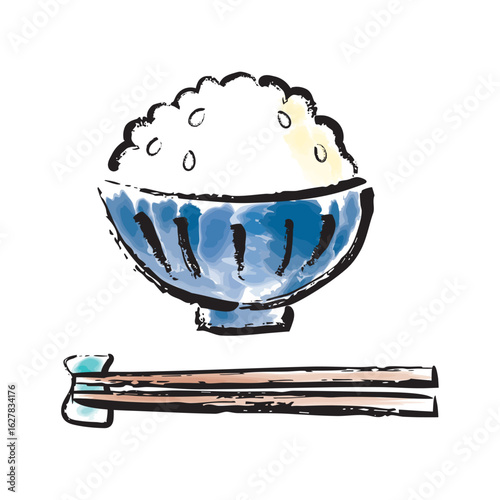 筆で描いた手書き風、水彩風白いご飯のイラスト