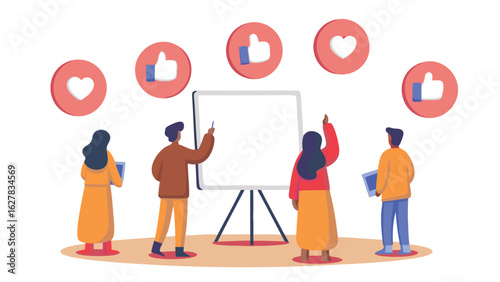 People standing around a whiteboard with like and heart icons floating above them in a presentation setting