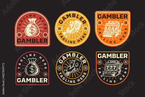 Money bag, slot machine, playing cards retro badge logo vector design set for entertainment. Gambling vintage emblem logo graphic collections. 77 slot, poker card, cash bag illustration label elements