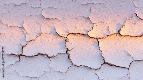 A close-up of a cracked wall with light white and amber hues, showcasing texture and details; soft lighting on a solid backdrop highlights intricate patterns of each crack.