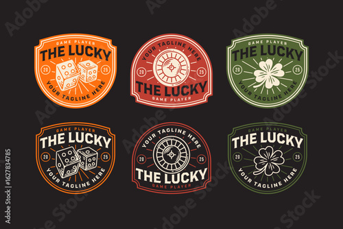 Dice, roulette, clover retro badge logo vector design set for entertainment. Wheel, four-leaf clover, and dice vintage emblem logo graphic collections. Poker casino illustration label element designs