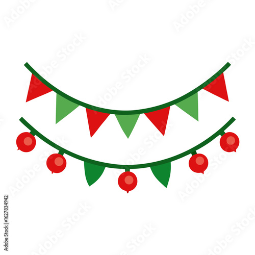Christmas garland with bunting and red ornaments isolated on white background