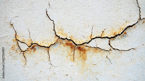 A close-up of a cracked wall with light white and amber hues, showcasing texture and details; soft lighting on a solid backdrop highlights intricate patterns of each crack.