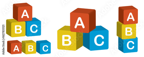 Colorful abc blocks child toy. Preschool learning, childhood, education, concept. 3d render illustration isolated on transparent background
