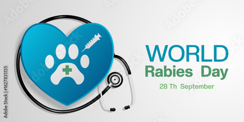 World Rabies Day. Pet icon, syringe and stethoscope. Suitable for posters, banners and social media. White background.