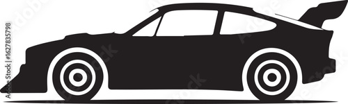 Sleek Black Silhouette of a Classic Racing Car with Bold White Wheels and Aerodynamic Wing Design