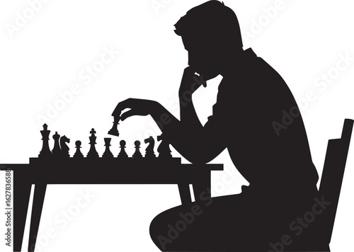Silhouette of a Chess Player Contemplating Strategy at Chessboard in Intellectual Game