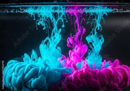 A vibrant dance of cyan and magenta dyes dissolving gracefully in water against dark backdrop