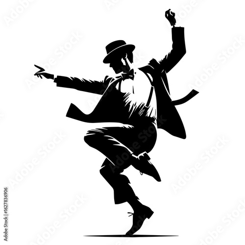 Black and white vector silhouette of a dancing artist on white background