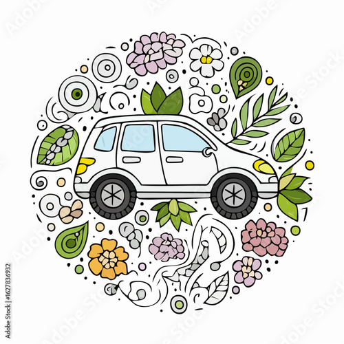 Eco-Friendly Transportation: Sustainable Car Surrounded by Nature's Embrace Illustration