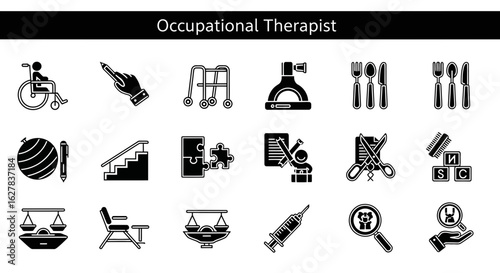 Occupational Therapist Black Icons: Rehabilitation & Daily Living Skills